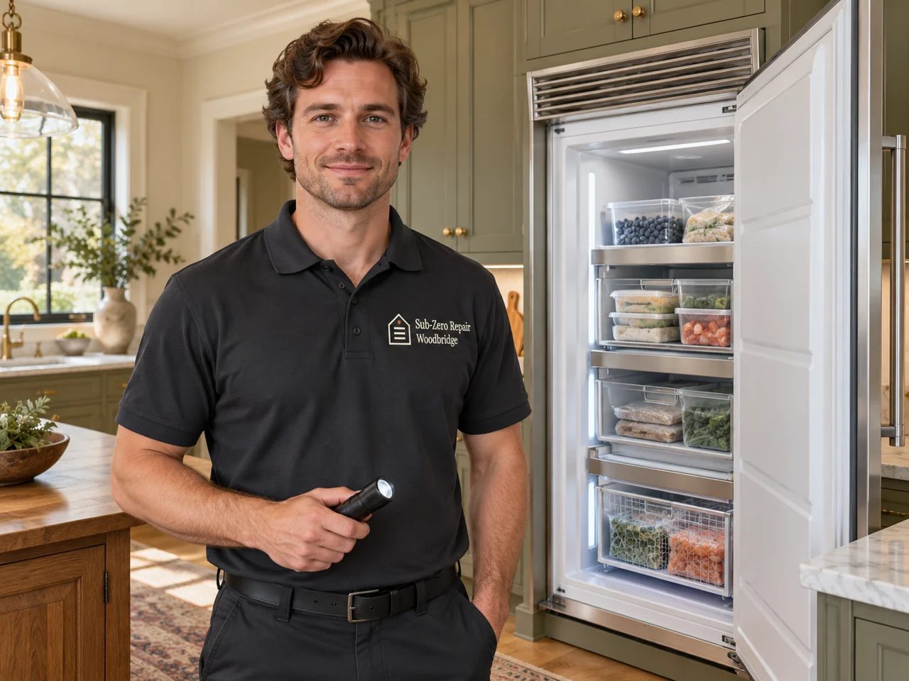 AI illustration of an appliance technician wearing Sub-Zero Repair Woodbridge branding