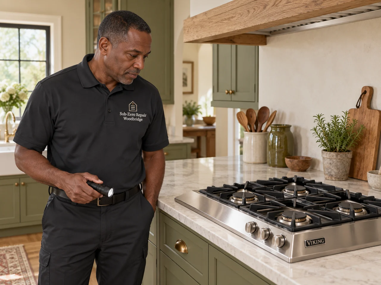 Illustration of a technician wearing the Sub-Zero Repair Woodbridge logo beside a Viking cooktop